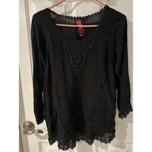 Johnny Was Embroidered Tunic Top Crochet Lace Bohemian Blouse XS‎